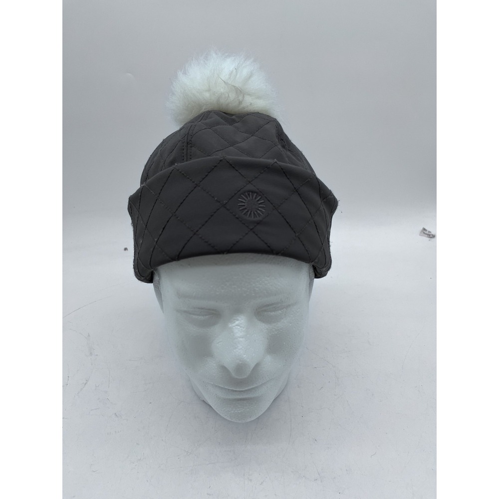 UGG Womens Dark Gray Winter Hat With White Pompom Quilted Nylon Elastane OS